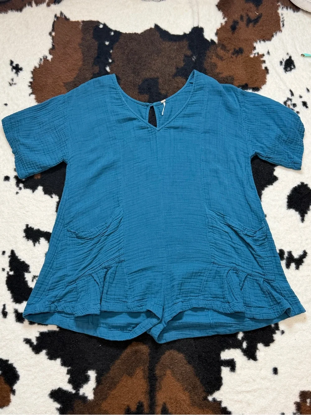 Free People Teal Cotton Gauze Romper Tunic Oversized Boho Ruffle Hem L